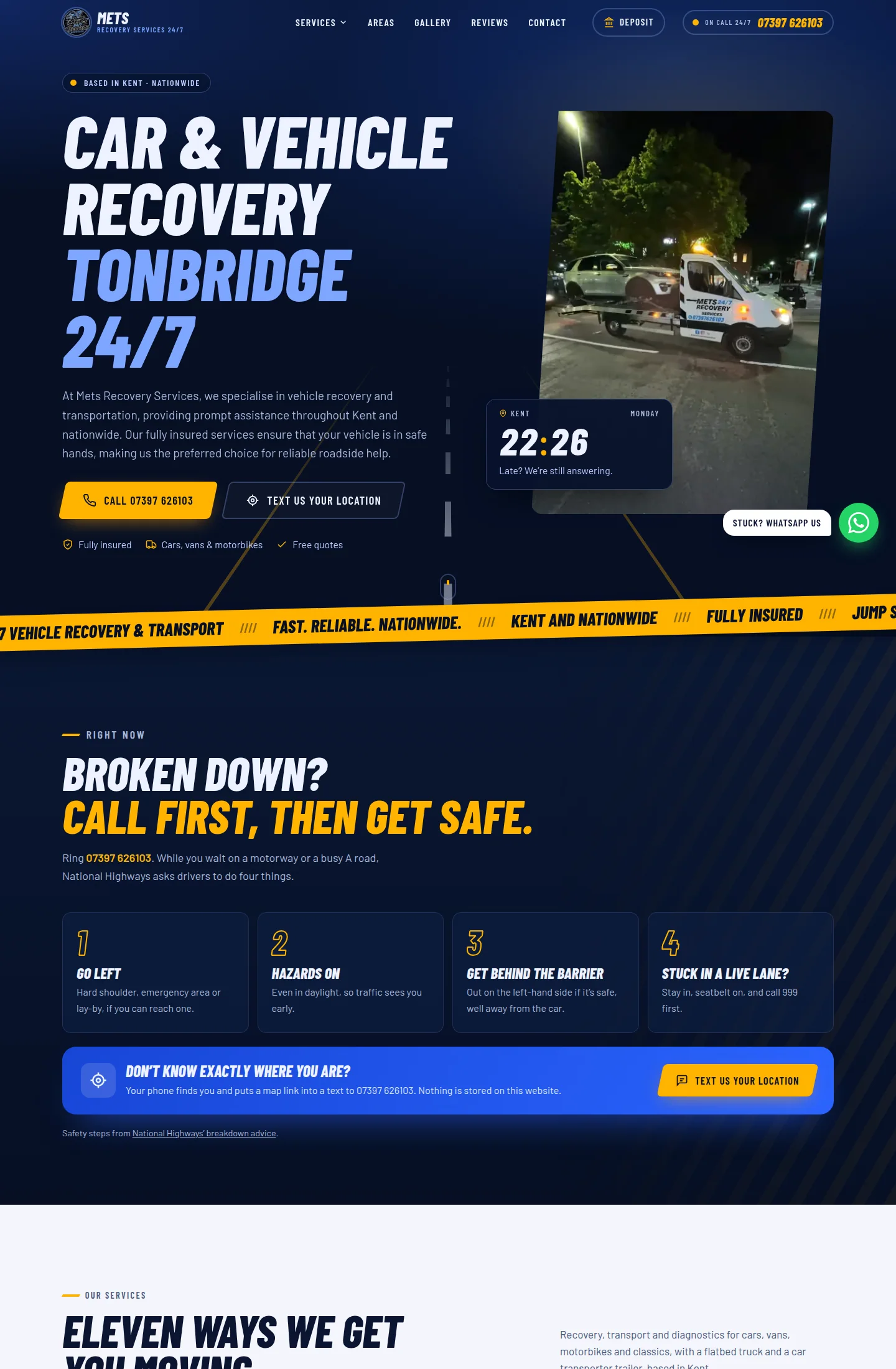 Mets Recovery homepage on a desktop screen: the headline “Car & Vehicle Recovery Tonbridge 24/7”, call and text-your-location buttons, and a photo of a recovery truck carrying a car at night
