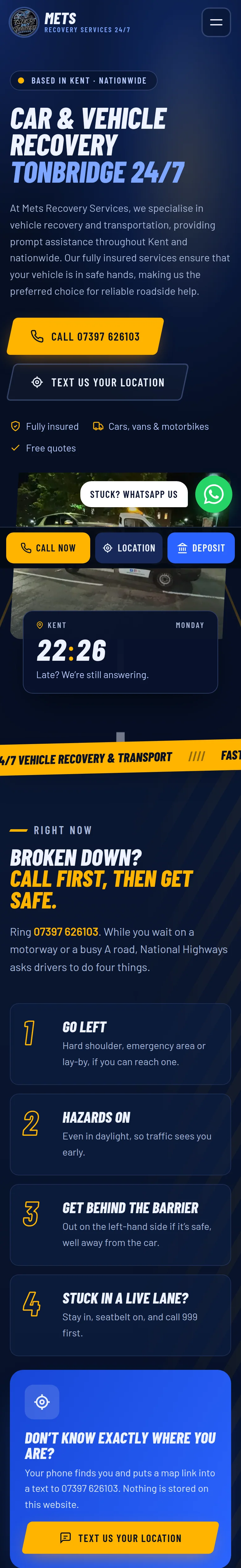 Mets Recovery homepage on a phone: the headline “Car & Vehicle Recovery Tonbridge 24/7” above the call and text-your-location buttons